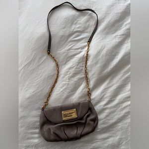 Taupe Leather Crossbody Bag with Gold Chain Strap
